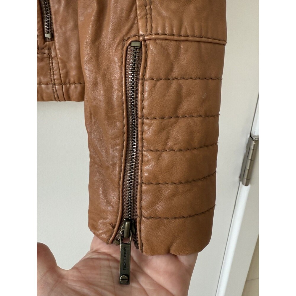 Michael Kors Buttery Leather Zip Front Camel  Racer Jacket Sz L Outwear Capsule - Picture 4 of 9